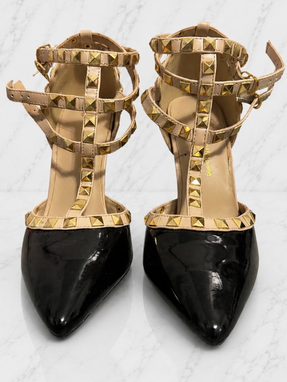 Wild Diva Lounge Black Patent Studded T-Strap Stiletto Heels